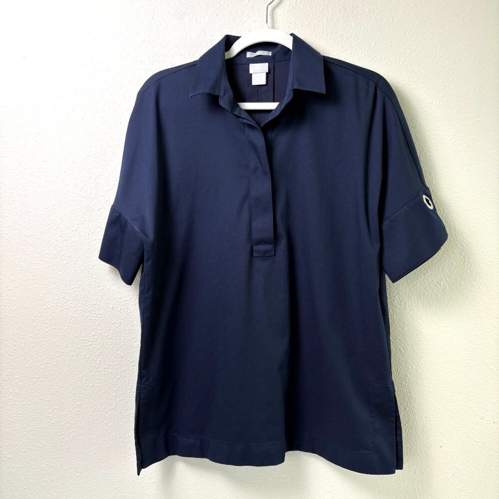 Chicos No Iron Chic Stretch‎ Top Womens 0 US 4 Navy Grommet Short Sleeve Shirt